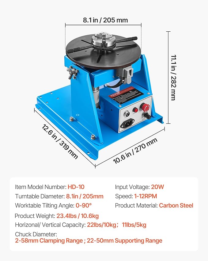 VEVOR Rotary Welding Positioner 10KG, 1-12 RPM 20W, Adjustable 0-90° Turntable with 8.1 Inch 3-Jaw Chuck, Compact Welder Machine for Precision Cutting, Grinding, Assembly, and Testing