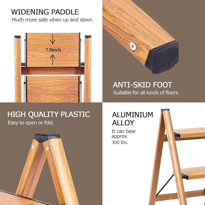 SOLADDER 3 Step Ladder, Folding Aluminum 3 Step Stool with Anti-Slip Wide Sturdy Pedal, Multi-Use for Home and Kitchen Use, Space Saving-Woodgrain(300 lbs Capacity)