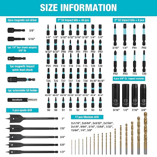 DuraTech 87 PCS Impact Screwdriver Bit and Drill Bit Set, Socket Set, Hex Shank Adapters Extension Bar Tools with Quick Fit Tough Case for Metal, Wood, Plastic, High Speed Steel Titanium Drill