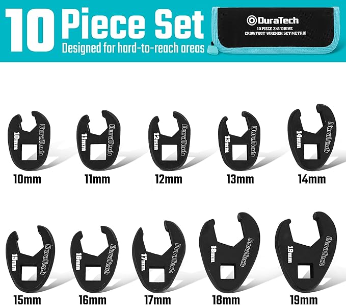 DURATECH 10-Piece 3/8" Drive Crowfoot Wrench Set, Flare Nut Wrench Set, Metric, Size Covers 10-19mm, CR-V Steel, with Zipper Bag