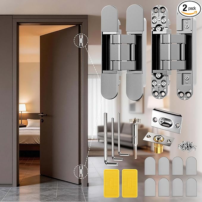 6inch Hidden Door Hinge,Concealed Hinges,Hidden Door Hardware kit,Invisible Door Silent 180 Degree Swing Hinge 3-Way Adjustable Butt 6 x 2.5 x 1inch (Silver, 6 inches)