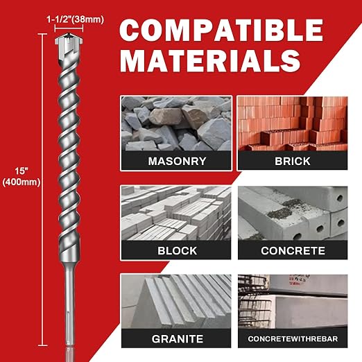 1-1/2" x 15" SDS Max Cross-Tip Rotary Hammer Drill Bit – Upgraded Heat-Treated Carbide Head, Extended Length 400mm for Longer Working Depth, Concrete Drill Bit for Masonry, Brick & Stone