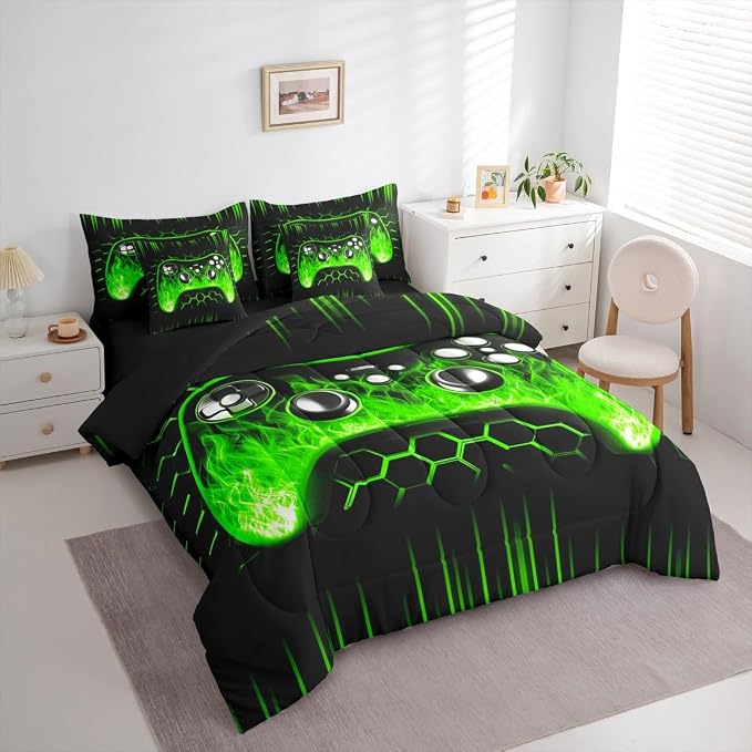 Erosebridal Boys Gaming 7 Piece Comforter Set Full Bed in a Bag Ombre Art Honeycomb Bedding Set Green Neon Lights Sheet Set Game Console Bed Set Geometric Hexagon Beehive Gaming Room Decor