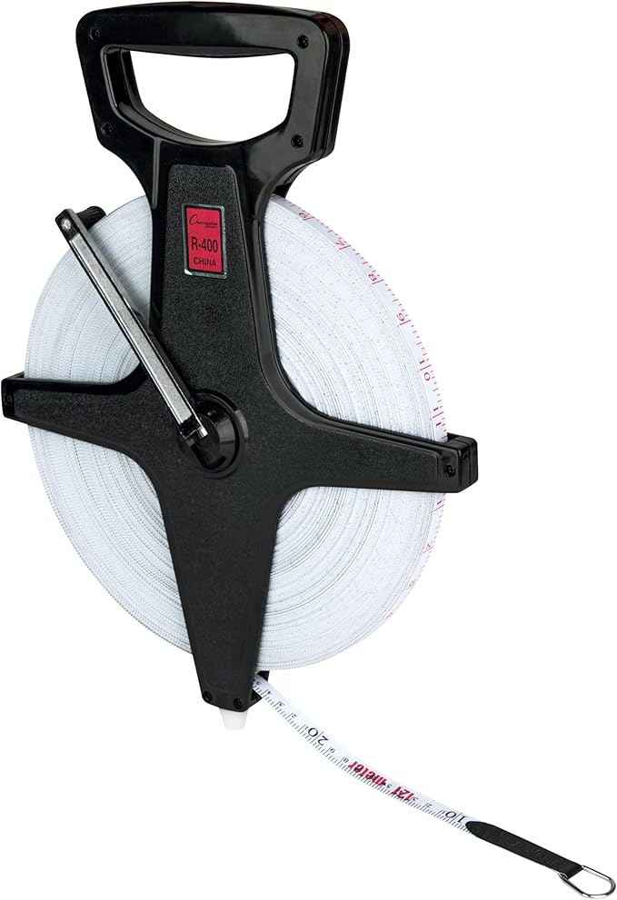 Champion Sports Open Reel Measuring Tapes – Durable Hand Crank with Metal Spike, Dual-Sided Feet & Meters, Perfect for Track & Field and Long Jump, 400 Feet/120 Meters