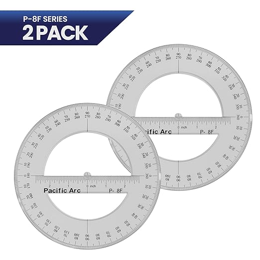 2 Pack | Pacific Arc's 8 Inch 360 Degree Plastic Circular Protractor Clear