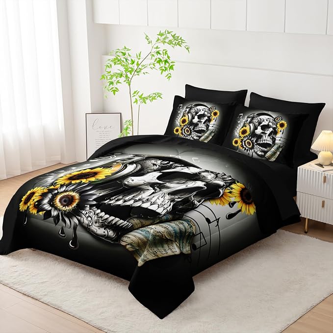 Gothic Skull Full Size Comforter Set 7 Pieces,Skull with Headphones Print Bedding Set for Adults Kids Bedroom Decor,Music Sunflower Bedding with Comforter,Fitted Sheet,Flat Sheet,Pillowcases.
