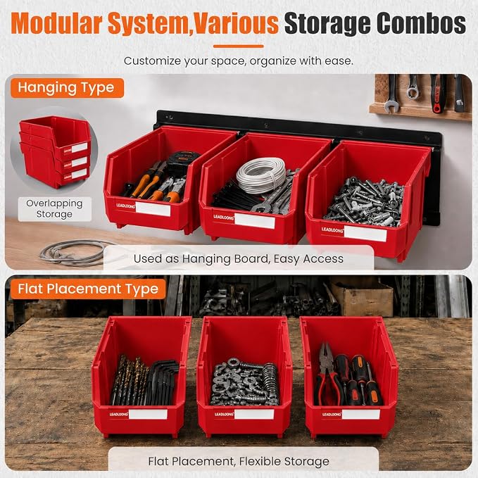 14pc Wall-Mounted Storage Organizer Mixed V1 V2 Combo Red | Heavy duty metal rails multi-size bins combo pack for garage tools, screws, hardware & batteries.