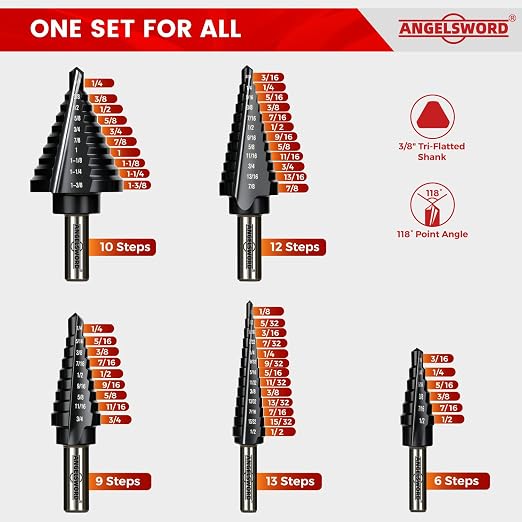 ANGELSWORD Step Drill Bits, 50 Sizes, 5PCS M35 TiAlN Coated Step Drill Bit Set for Stainless Steel, High Carbon Steel, Hard Material and Sheet Metal, with Aluminum Case