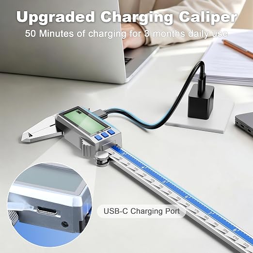 Preciva Digital Caliper 12 Inch, Rechargeable Stainless Steel Vernier Caliper with Large Display, Auto Off, Precision Inch/mm/Fraction Measuring Tool for DIY/Household/Woodworking