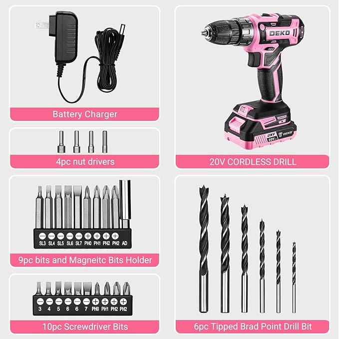 Power Drill Cordless: DEKOPRO Pink Cordless Drill 20V Electric Power Drill Set Tool for Women Drills with Battery and Charger 20 Volt Drills Driver Kit
