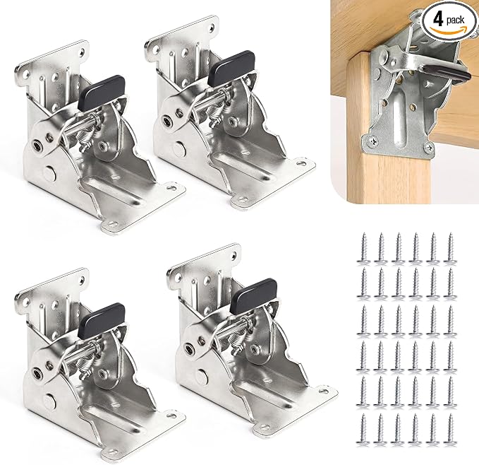 4 Pack Locking Hinge for Folding Leg Brackets,Heavy Duty Folding Brackets 90 Degree Self Locking Folding Hinge for Table Legs Furniture（Silver）