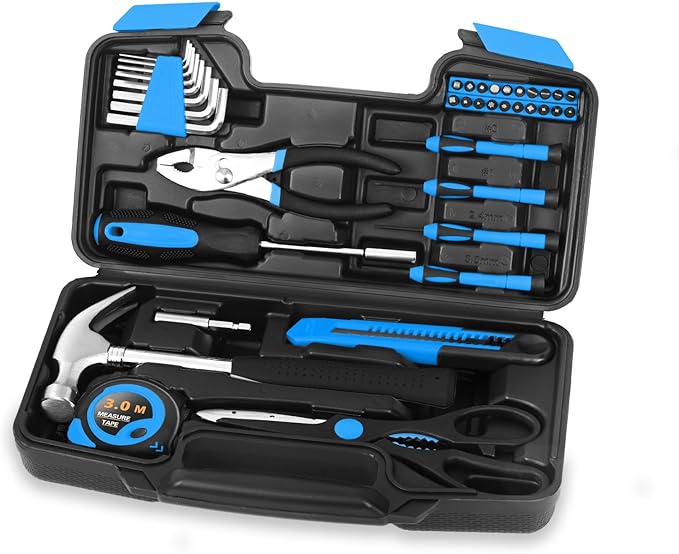 HANGYING 39 Piece Basic Home Tool Set Household Tool kit for Home General Repair Small Hand Tool Kit in Toolbox Storage Case for Home Garage Office College Dormitory Use, Blue