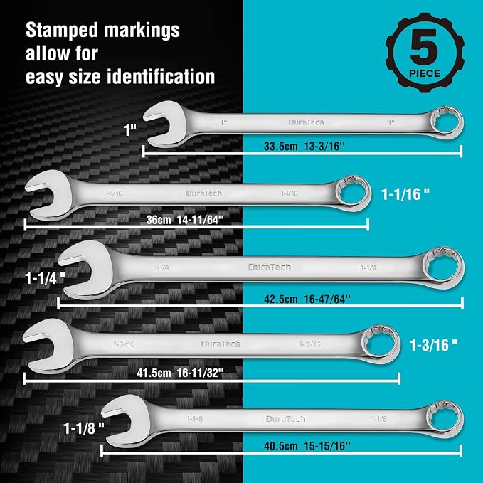 DURATECH Long Pattern Combination Wrench Set, SAE, 5-Piece, 1" to 1-1/4", 12 Point, CR-V Steel, with Rolling Pouch | 12 Point, CR-V Steel, Rolling Pouch