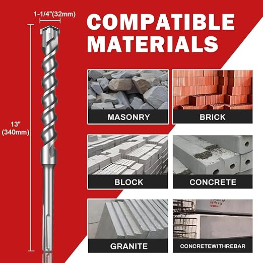 1-1/4" x 13" SDS Max Cross-Tip Rotary Hammer Drill Bit – Upgraded Heat-Treated Carbide Head, Extended Length 340mm for Longer Working Depth, Concrete Drill Bit for Masonry, Brick & Stone