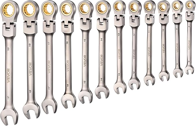 VEVOR Flex-Head Ratcheting Wrench Set, 12-Piece Metric 8 mm to 19 mm, 72 Teeth, Cr-V Steel Ratchet Flexible Combination Wrench Set with Roll Up Pouch, for General Household and Automotive Repairs