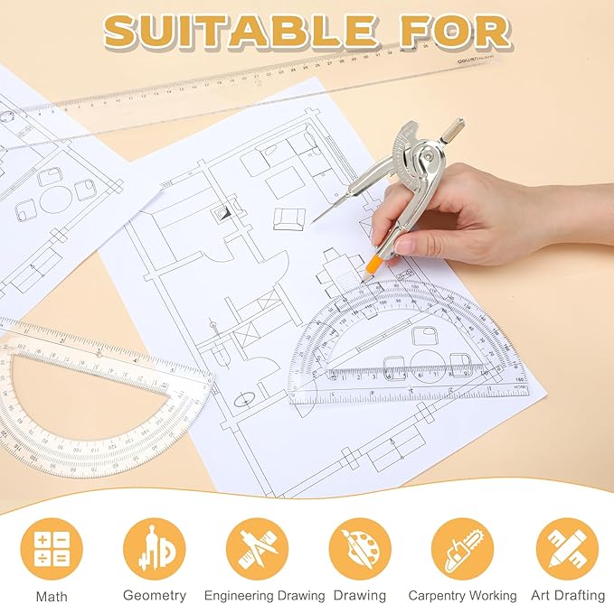 30 Pack Geometry Tool Set, Math Compass for Geometry and 6 Inch Protractor Set Include Metal Compass with Pencil and Clear Plastic Protractor for Student Classroom Office Woodworking Art Drawing