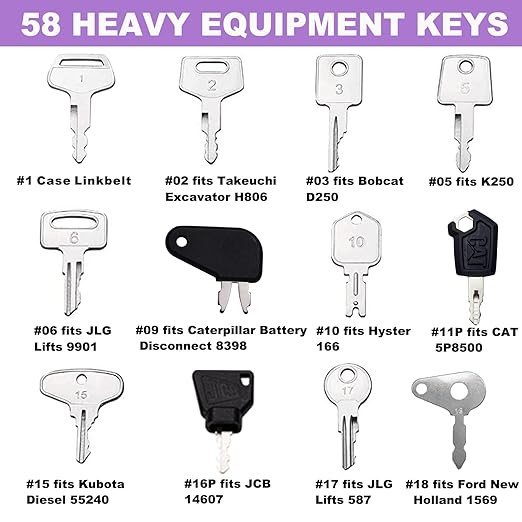 58 Heavy Equipment Key Master Set, Construction Ignition Key Heavy Machinery Fits Cat Caterpillar John Deere Komatsu Bobcat Kubota JCB Case Hyster Yanmar Daewoo Takeuchi New Holland