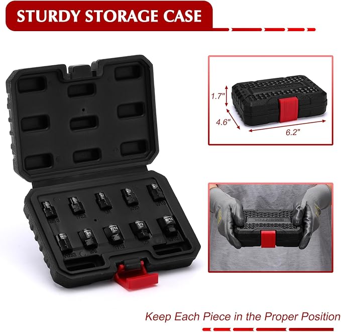 EMENTOL 10-Piece 1/4" Drive Stubby Impact Socket Set, SAE | 3/16"-9/16" Low Profile Sockets, 12mm Base Hex, CR-MO, Compact Design for Tight Access