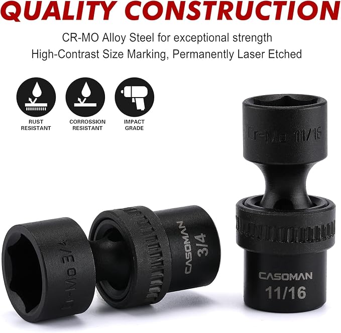 CASOMAN 12 Pieces 3/8-Inch Drive Shallow Universal Impact Socket Set, SAE, 5/16"-1", CR-MO, Swivel Socket