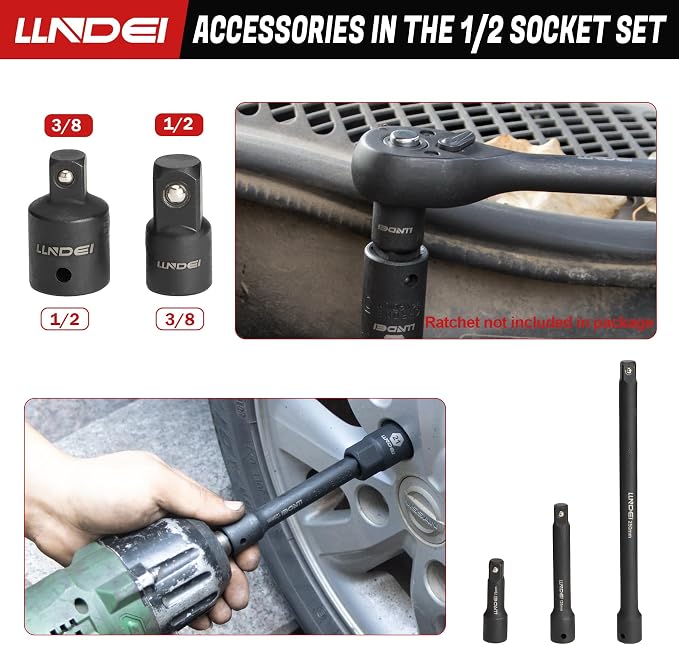 LLNDEI 1/2" Drive Deep Impact Socket Set 37Pcs SAE/Metric CR-MO | 3/8"-1-1/4" & 8-24mm, Spark Plug 16/21mm, Universal Joint & Extensions, for Auto, Truck & Heavy Equipment