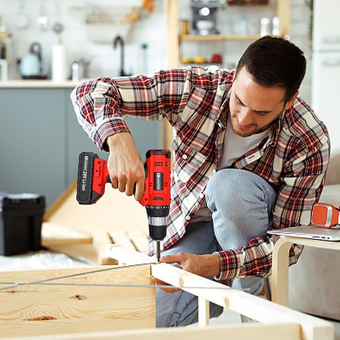 FADAKWALT Cordless Drill Set, 20V Electric Power Drill With Battery And Charger, 30N Torque, 21+1 Settings, 3/8-Inch Keyless Chuck, Driver Bits Kit, LED Light (Red）