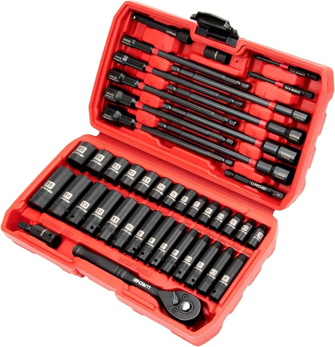 1/4" Drive Socket Set Nut Driver Set with Ratchet, 44Pcs Wrench Tool Set | 1/4-Inch Sockets Deep&Shallow Metric(4-15mm), 1/4" Hex Shank 6" Long Nut Drivers(6-14mm) for Impact Drill Bits(PH1 PH2)