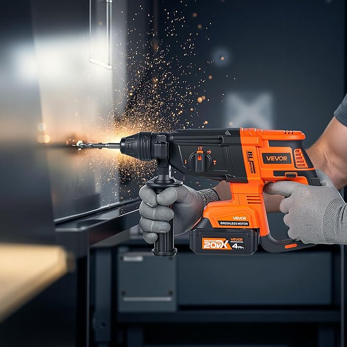 VEVOR 1" SDS-Plus Rotary Hammer Drill, 20V Brushless Cordless SDS Hammer Drills, 4.0Ah Lithium-Ion Battery Powered,3.0A Fast Charger, 4 Modes,Rotomartillo for Concrete,1200 RPM, 5300 BPM