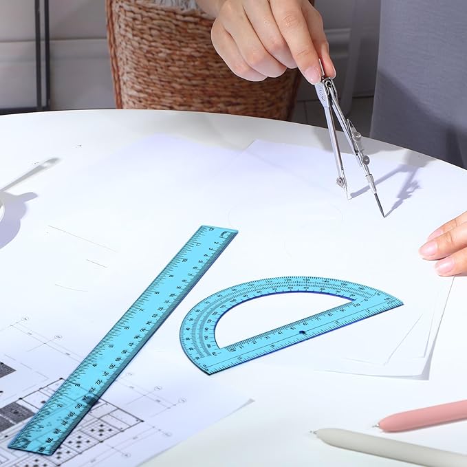 Zonon 3 Pcs Plastic Ruler 6 Inch Protractor Drawing Compass Set, Student Geometry Math Transparent Measuring Tools for Home School Classroom Office Supplies(12 Inch,Blue)