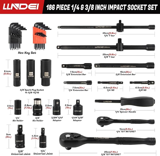 LLNDEI 1/4 & 3/8" Drive Impact Socket Set 186Pcs SAE/Metric | CR-V Deep & Shallow Sockets, Ratchet, Spark Plug Socket, Bits, for Auto Repair Shop, Garage, Engine Rebuilding & DIY Projects