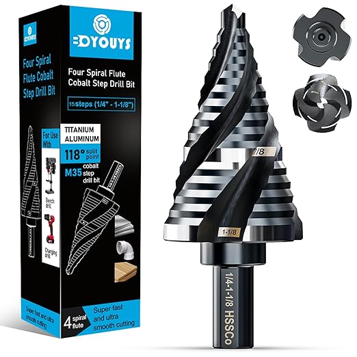 Four Spiral Flute M35 Step Drill Bit Set 1/4" - 1-1/8”(15 Sizes), 3/8" Shank for Metal Step Drill bit, Impact Resistant Cobalt Step Drill Bit, for Stainless Steel, Wood, Aluminum, Plastic