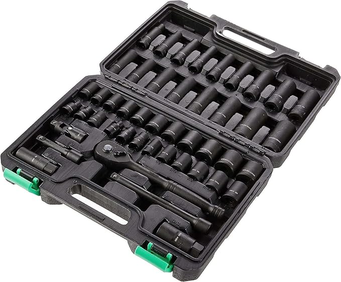 Amazon Basics 46-Piece 3/8-Inch Drive Socket Set with 6 & 12 Point Sockets, 72 Teeth Ratchet, SAE & Metric Sizes, Extension Bars, Universal Joint, Carrying Case