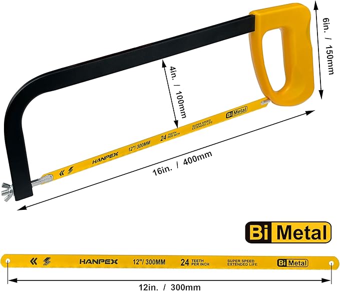 Hanpex 12in. High-Tension Hacksaw Frame with 24 TPI Bi-metal Blade, Hand Saw Suitable for Metal, wood, PVC, Carpentry