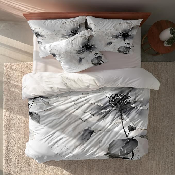 Batmerry Flowers Watercolor Twin Size 100% Cotton Duvet Cover Sets, Elegant Black White Flower Painting Bedding Set with Zipper Closure Corner Ties, 3 Pieces (1 Cover + 2 Pillowcases No Comforter)