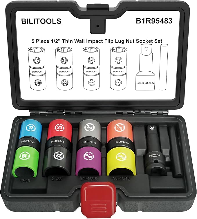 BILITOOLS Lug Nut Socket Set, 1/2" Thin Wall Impact Flip Sockets | Metric 17-22mm and SAE 3/4"-15/16" Sizes, Non-Marring Sleeves, Extension Bar and Knockout Rod for Stuck Lug Nuts