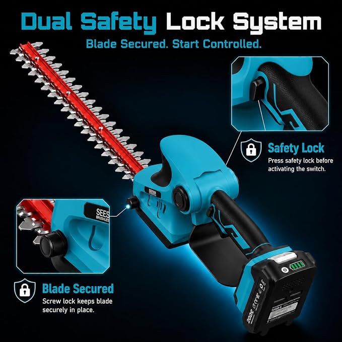 Seesii 20V Cordless 2-in-1 Hedge Trimmer: 12" Shrub Trimmer & 6" Grass Shears, Dual-Action SK5 Blades, 2 x 2.0Ah Batteries, Rotating Handle, 1/2" Cut Capacity for Small Yards, Bushes and Lawn Edges
