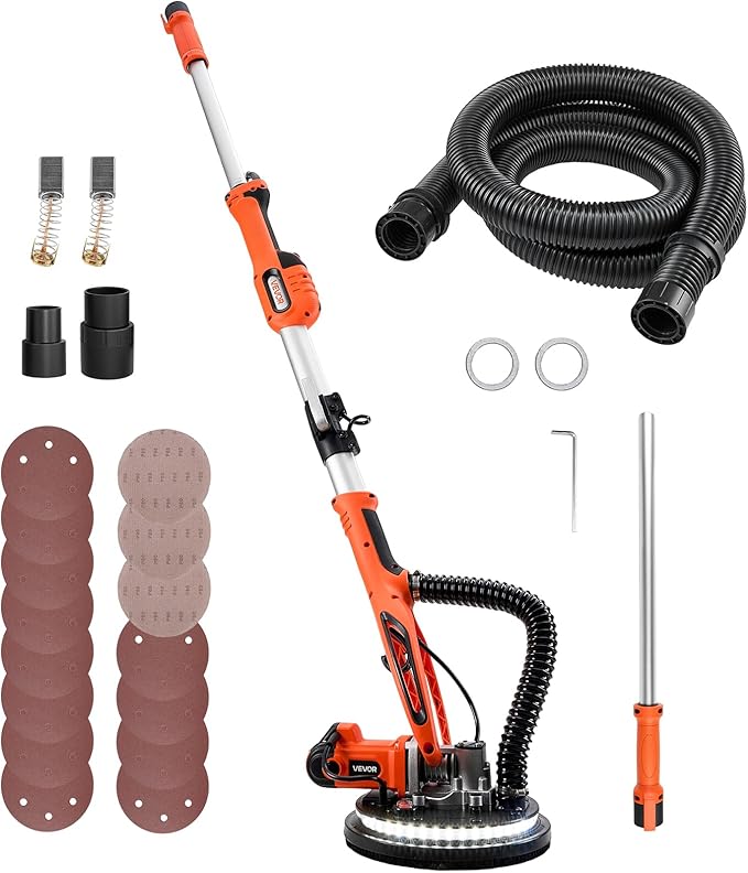 VEVOR Drywall Sander, 850W Electric Drywall Sander, Popcorn Ceiling Removal Tool with 5 Variable Speed 800-1700 RPM, Double-Deck LED Light, Foldable & Extendable Handle, 15 Sanding Discs, Dust Hose