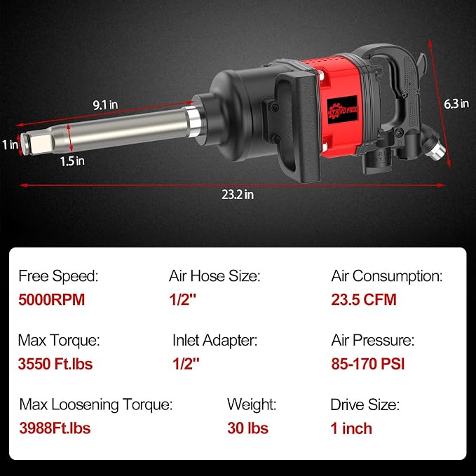 Trivd Frol Air Impact Wrench - 1 Inch Air Impact Gun | Max Torque 3550 Ft-lbs, 5000 RPM Speed, Weight 41 lb, 1" Impact Gun Wrench with 32mm-33mm Sockets for Heavy Duty Repairs