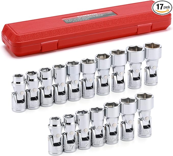 CASOMAN 17PCS 3/8" Drive Universal Flex Socket Set, SAE&Metric, 3/8" to 3/4", 10mm to 19mm, 6-Point, CR-V, Swivel Head, 360 Degree Access