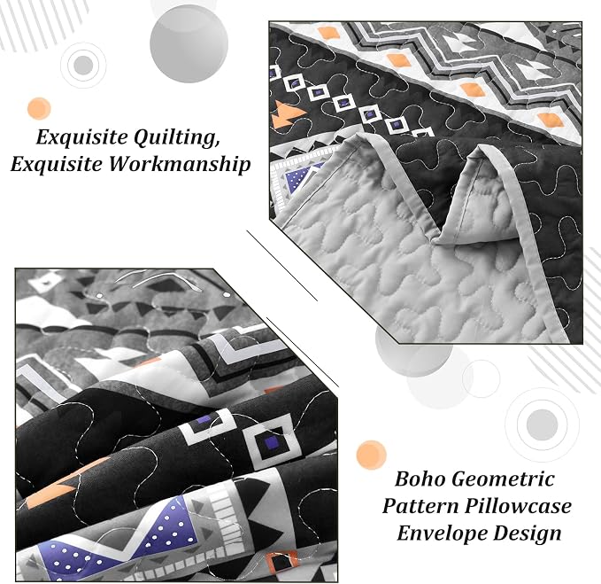 WONGS BEDDING Boho Quilt Set Queen,Black Grey Bedspread Coverlet Set with 2 Pillowcase,Lightweight Geometry Printed Bohemian Bedding Set 96''×90''