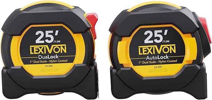 LEXIVON [2-Pack] 25Ft/7.5m Tape Measure, DuaLock & AutoLock | 1-Inch Wide Blade with Nylon Coating, Matt Finish White & Yellow Dual Sided Rule Print | Ft/Inch/Fractions/Metric (LX-204)