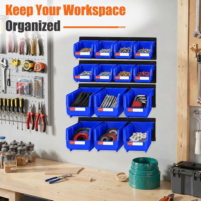 14pc Wall-Mounted Storage Organizer Mixed V1 V2 Combo Blue | Heavy duty metal rails multi-size bins combo pack for garage tools, screws, hardware & batteries.