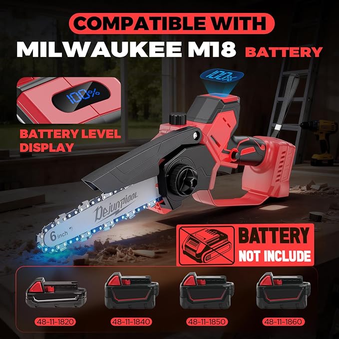 Mini Chainsaw Cordless Compatible with Milwaukee M18 18V Battery (NO Battery), 6 Inch & 8 Inch Small Electric Chainsaw Brushless, 2x 6'' Chains + 2x 8'' Chains, Auto Oiler, Handheld Pruning Chain Saw