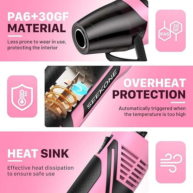 SEEKONE 350W Mini Heat Gun with 2-Temp Settings 500℉ & 842℉(260℃& 450℃) Fast Heat Hot Air Gun Tool with Overload Protection and Reflector Nozzle for 3D Printing, Crafting, and Shrink Tubing