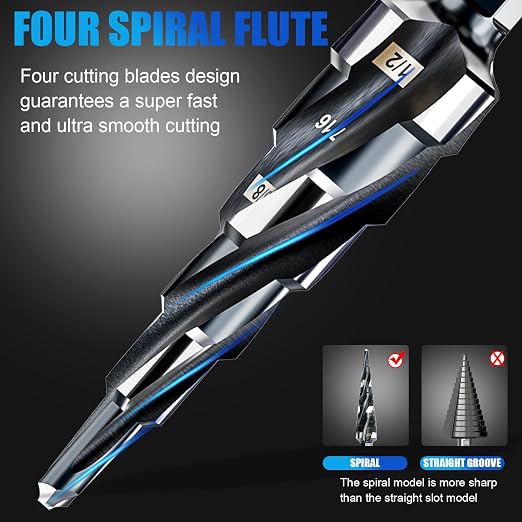Four Spiral Flute M35 Step Drill Bit Set 3/16"-1/2"(6 Sizes), 1/4" Shank for Metal Step Drill bit, Impact Resistant Cobalt Step Drill Bit, for Stainless Steel, Wood, Aluminum, Plastic