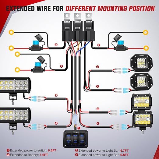 Nilight 16AWG LED Light Bar Wiring Harness Kit 12V On/Off 3 Gang Laser Etched LED Pod Lights Rocker Switch Panel Power Relay Fuse 5Pin Toggle Switch for Cars Boat ATV Trucks-4 Leads, 2 Years Warranty | 12V On/Off 3 Gang Laser Etched Pod Lights Rocker S...