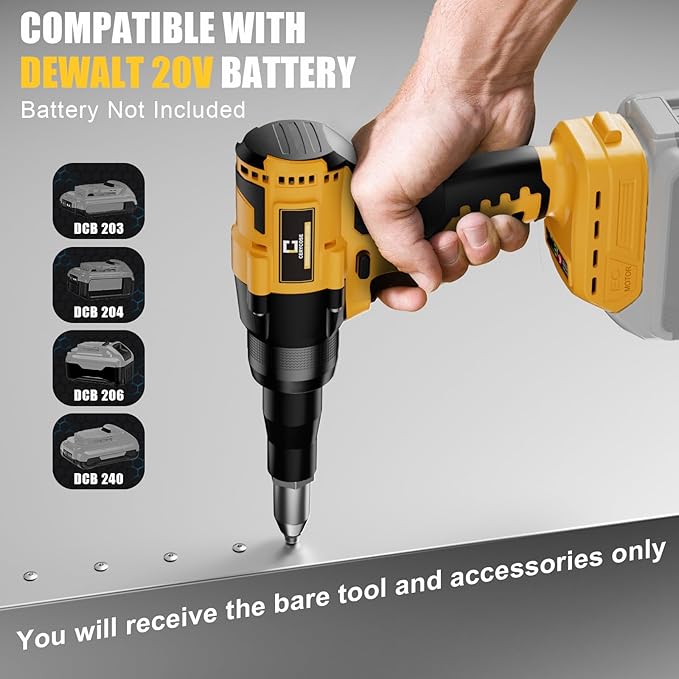 Cerycose Rivet Gun Compatible with Dewalt 20V Battery, Cordless Rivet Tool with 3 Size (1/8", 5/32", 3/16") Aluminum Rivets, Brushless Motor Rivet Gun Kit Nose Piece, No Battery
