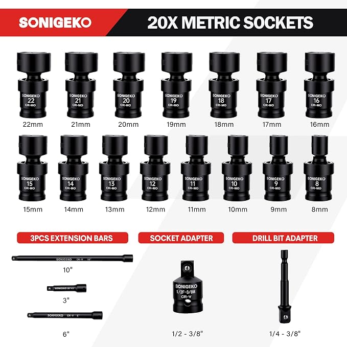20-Pcs 3/8" Drive Impact Swivel Socket Set,Metric Universal Socket 8mm-22mm | CR-Mo,6-Point, Comes with Extension Bars, Universal Joint, 1/2" to 3/8" & 1/4" to 3/8" Reducer Adapters