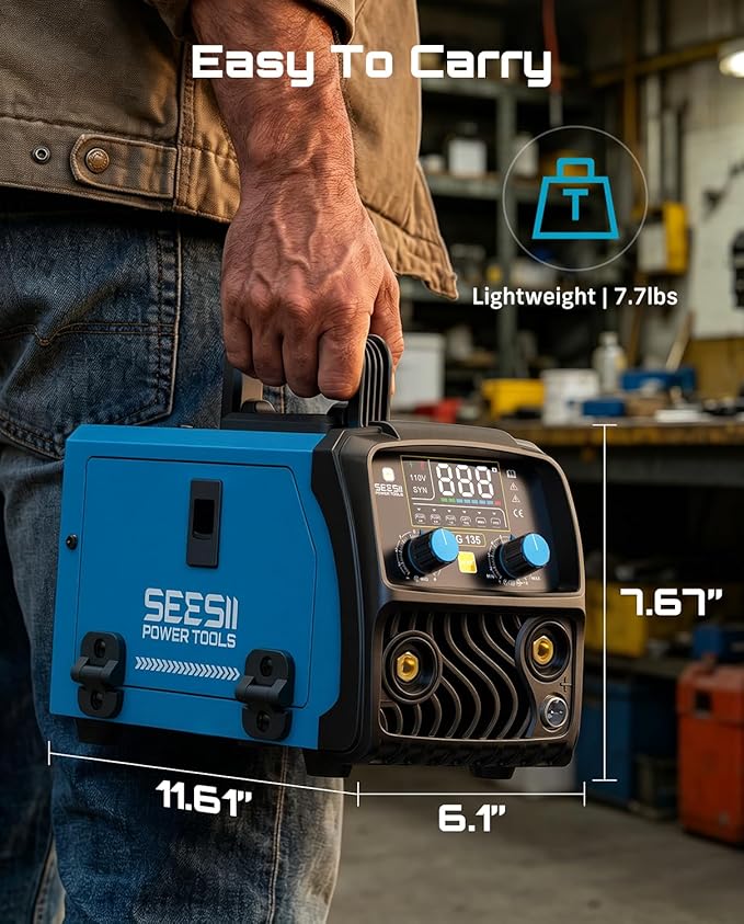 SEESII 135A MIG Welder 110V - 3-in-1 Gasless Flux Core/Lift TIG/Stick Welding Machine, 7.7lbs Portable IGBT Inverter, Large Digital Display Multi Process Welder