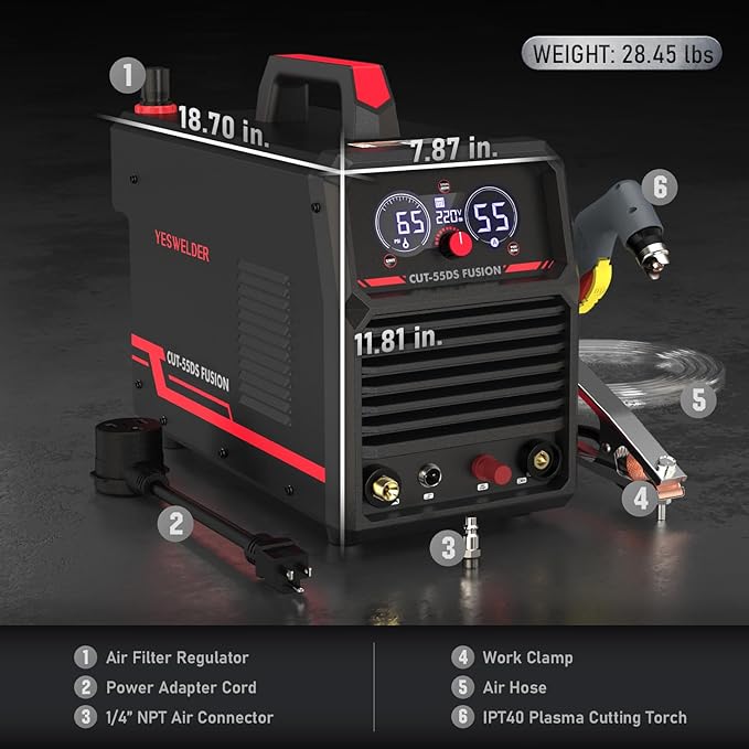 YESWELDER Plasma Cutter with Built In Air Compressor, Large LED Digital Display 55Amp 110V/220V Non-High Frequency Non-Touch Pilot Arc Plasma Cutting Machine CUT-55DS FUSION
