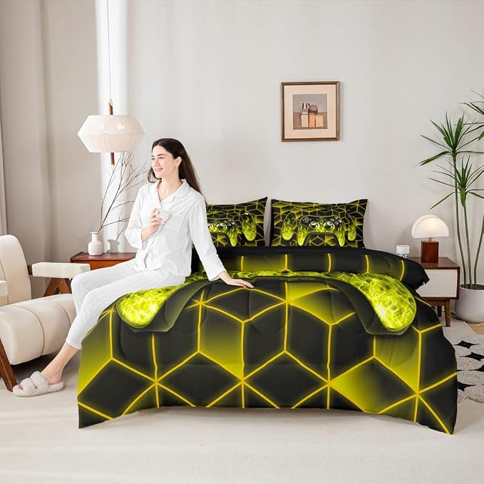 Gaming Consoles Comforter Set 7 Piece Bed in a Bag Twin,Neon Geometric Boys Bedding Set,3D Geometric Gamer Comforter and Sheet Set Yellow Flame Bed Set,Gamer Decor for Boys Bedroom